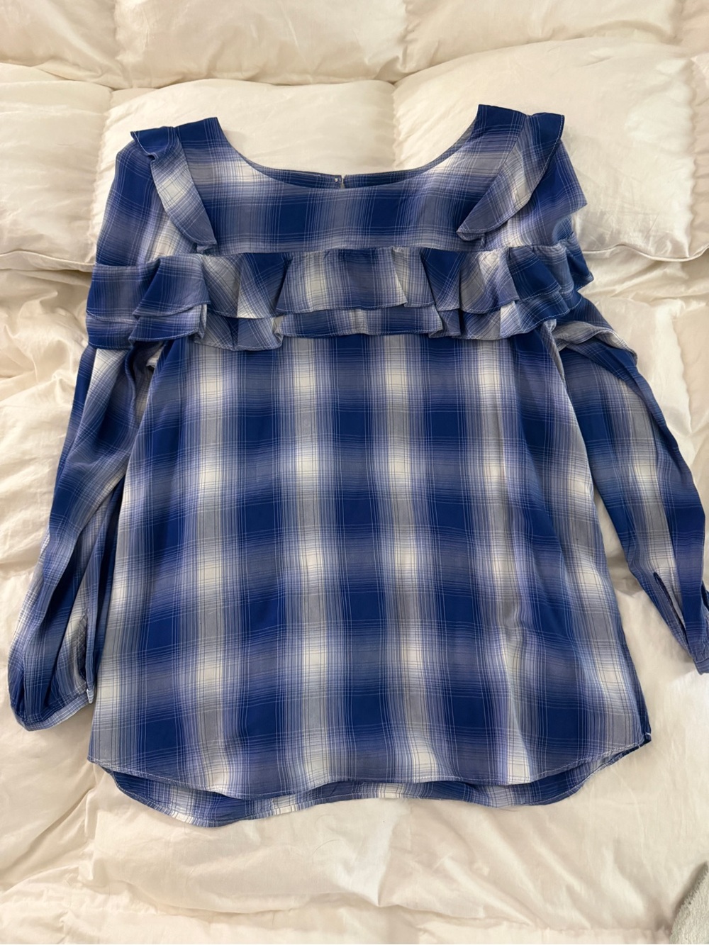 LOFT Blue Plaid Ruffle-Front Blouse